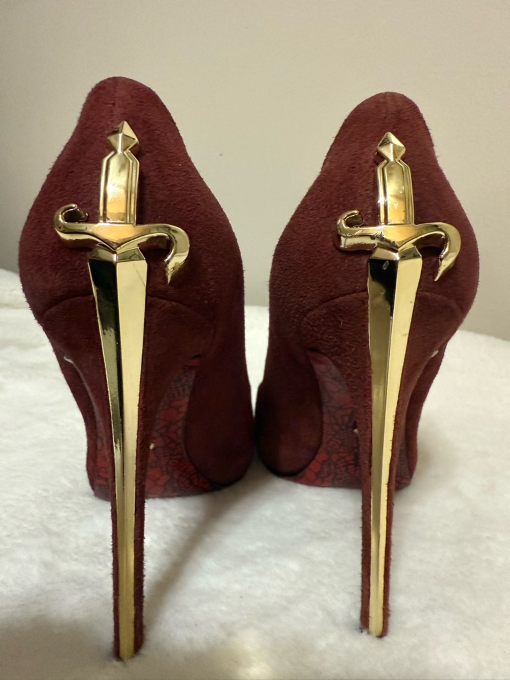 Cesare Paciotti Burgundy Suede Pumps with Gold Dagger Accent